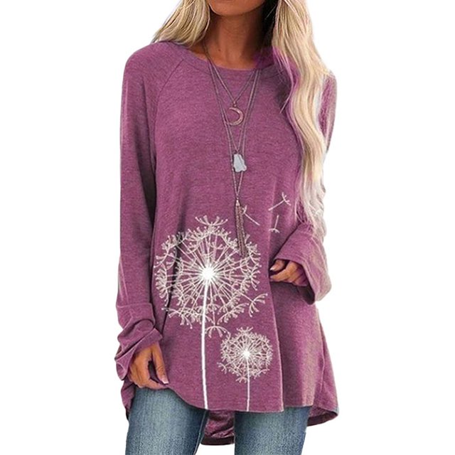 Camisa informal con estampado de diente de león para mujer, manga larga, túnica floral, top, camisetas, blusa