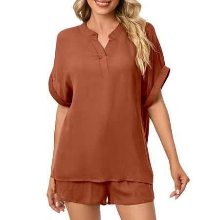 

UKAP Pajama Set for Women Shorts Sleepwear with Pockets V-neck Soft Summer Pj Lounge Set Loungewear Brick Red 4XL