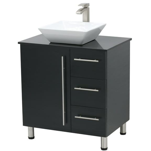 WindBay 30" Freestanding Bathroom Vanity, Black. Black Flat Stone Countertop