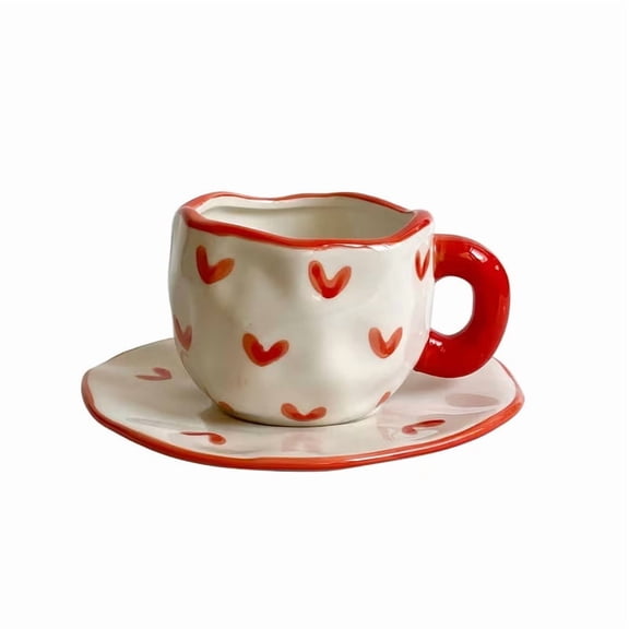 Handcrafted Irregular Ceramic Heart Mug & Saucer Set for Home Office Gift