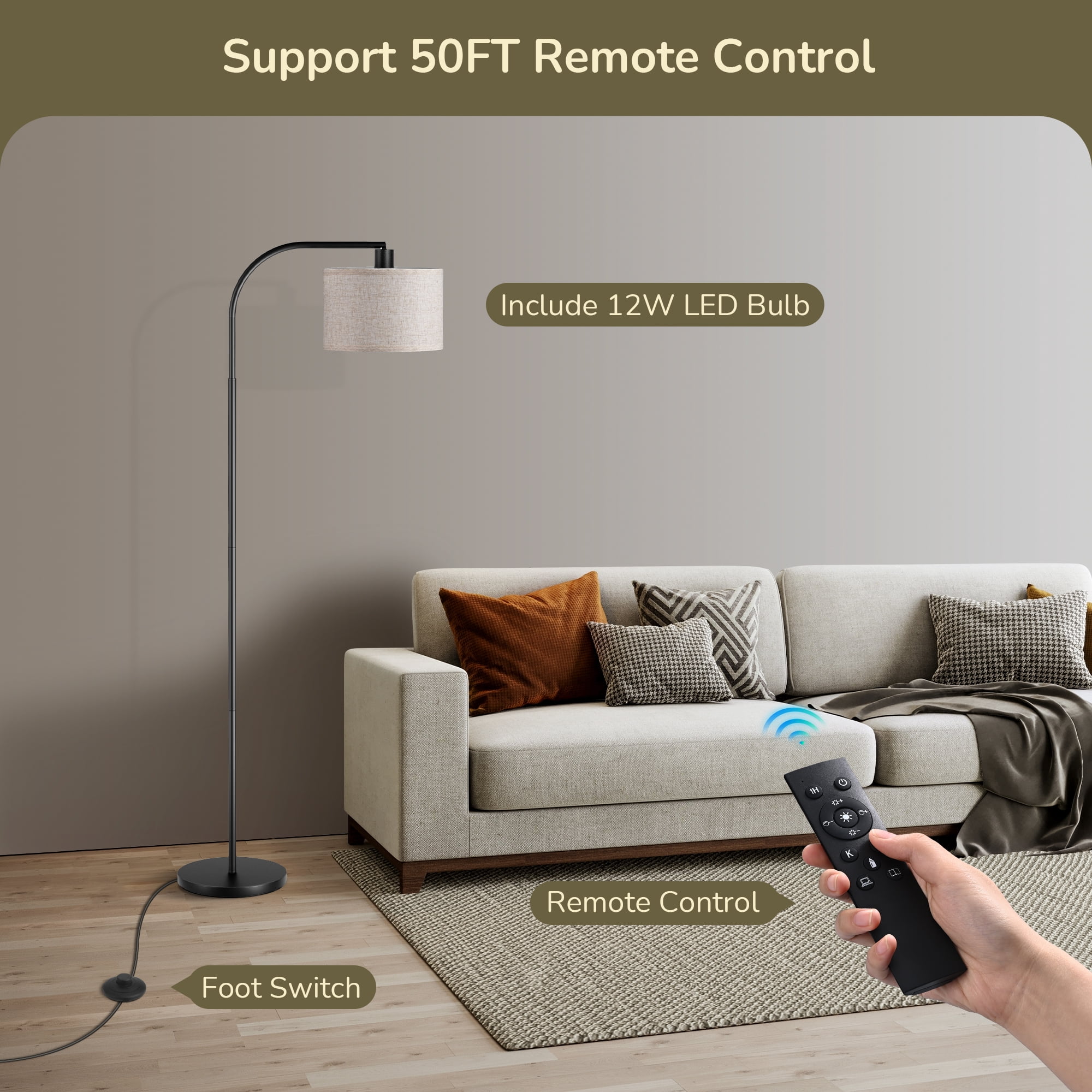 DEWENWILS 63.4in Modern Floor Lamps with Remote for Living Room, Adjustable Lampshade, LED Bulb Included, Black