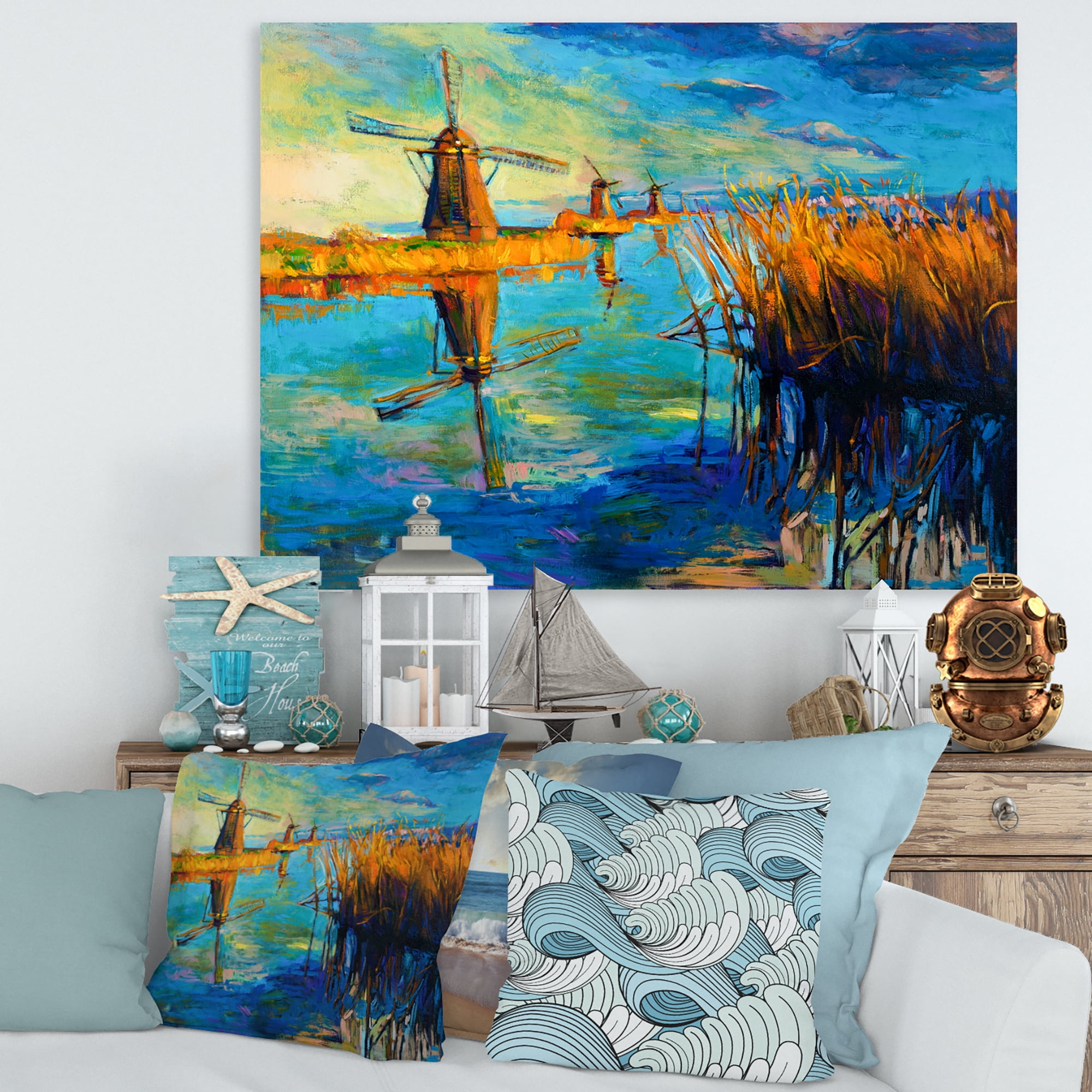 Designart ' The Deep Blue Lake And Windmills ' Nautical & Coastal Canvas Wall Art Print