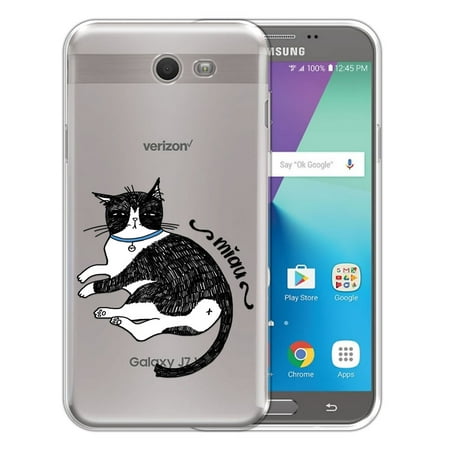 FINCIBO Soft TPU Clear Case Slim Protective Cover for Samsung Galaxy J7 J727, Tuxedo Cat Waking (Best Wake Up Pranks Ever)