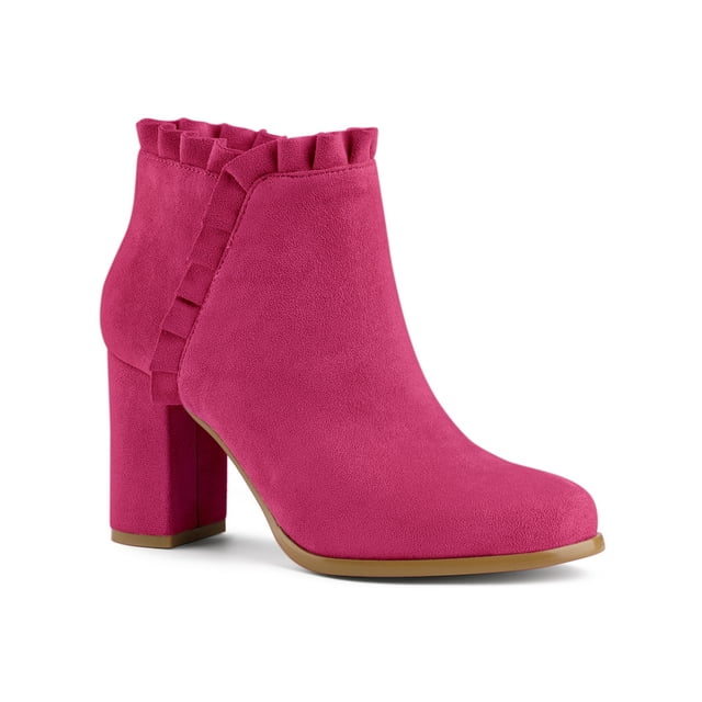 Unique Bargains Women's Ruffle Block Heel Ankle Boots HotPink (Size 8)