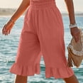 thumbnail image 5 of iHPH7 Women's Linen Blend High Waist Wide Leg Capris Ruffle Pedal Pushers with Pockets Smocked Elastic Cropped Pants Summer Casual Beach Lounge Trousers Watermelon Red 3XL, 5 of 6