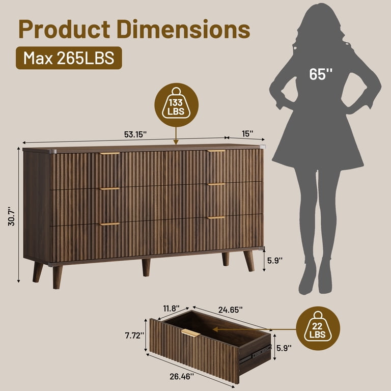 Aufeile 53" Fluted 6-Drawer Dresser, Walnut photo 7