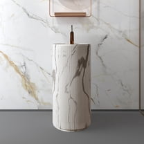 MEDUNJESS 34" Tall Freestanding Textured Solid Surface Pedestal Bathroom Sink,Premium Circular Bathroom Sink with Faucet Hole & Inspection Port(White)