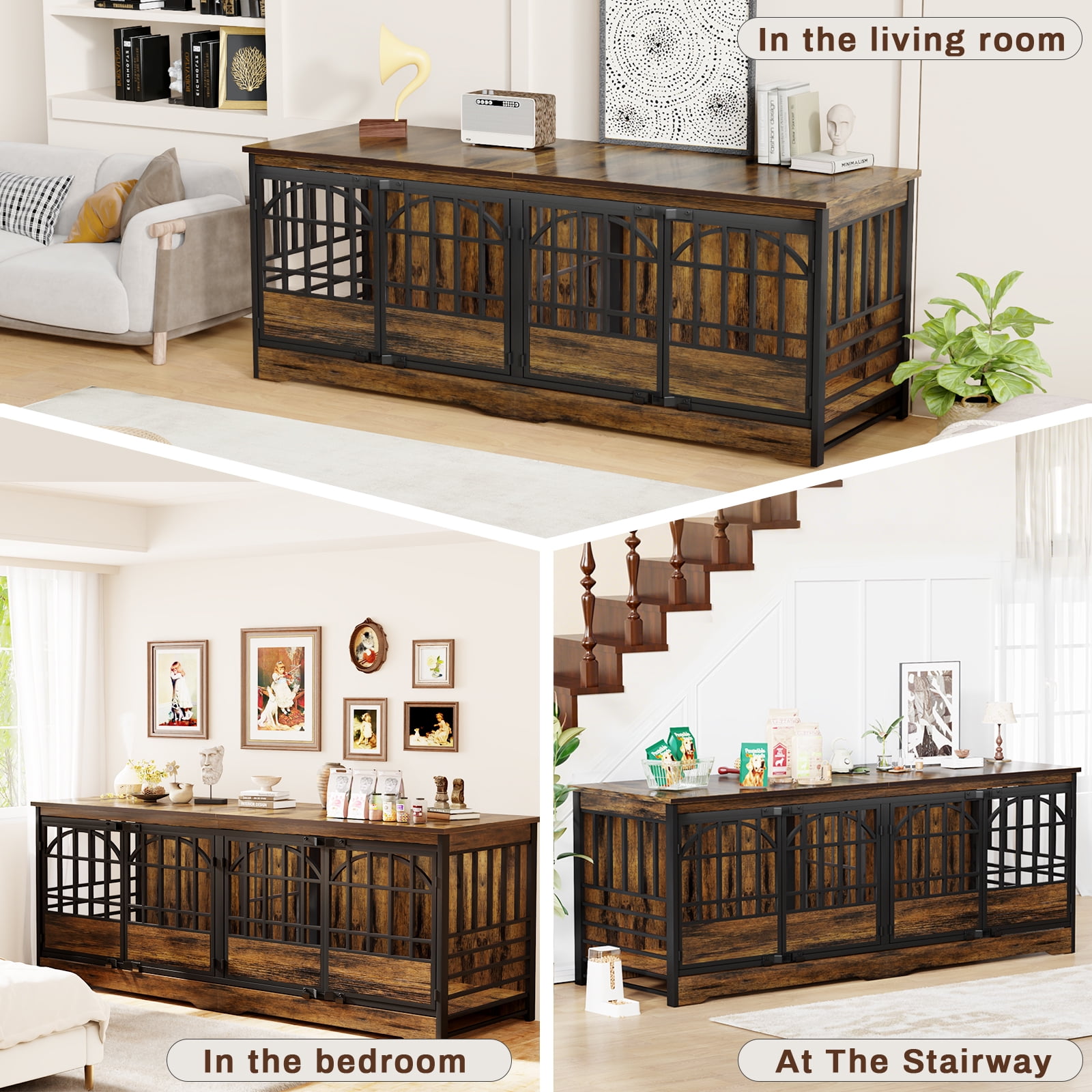 Bel Ark 86 inch Double Dog Crate Furniture for 2 Large Dogs Heavy Duty Double Dog Crates Furniture Indoor as TV Stand, Large Brown