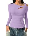 thumbnail image 2 of HLKJKLS Long Sleeve Shirts For Women Asymmetrical Neck Ribbed Pullover Long Sleeve Tight Basic Top Cotton Purple S-3Xl, 2 of 6