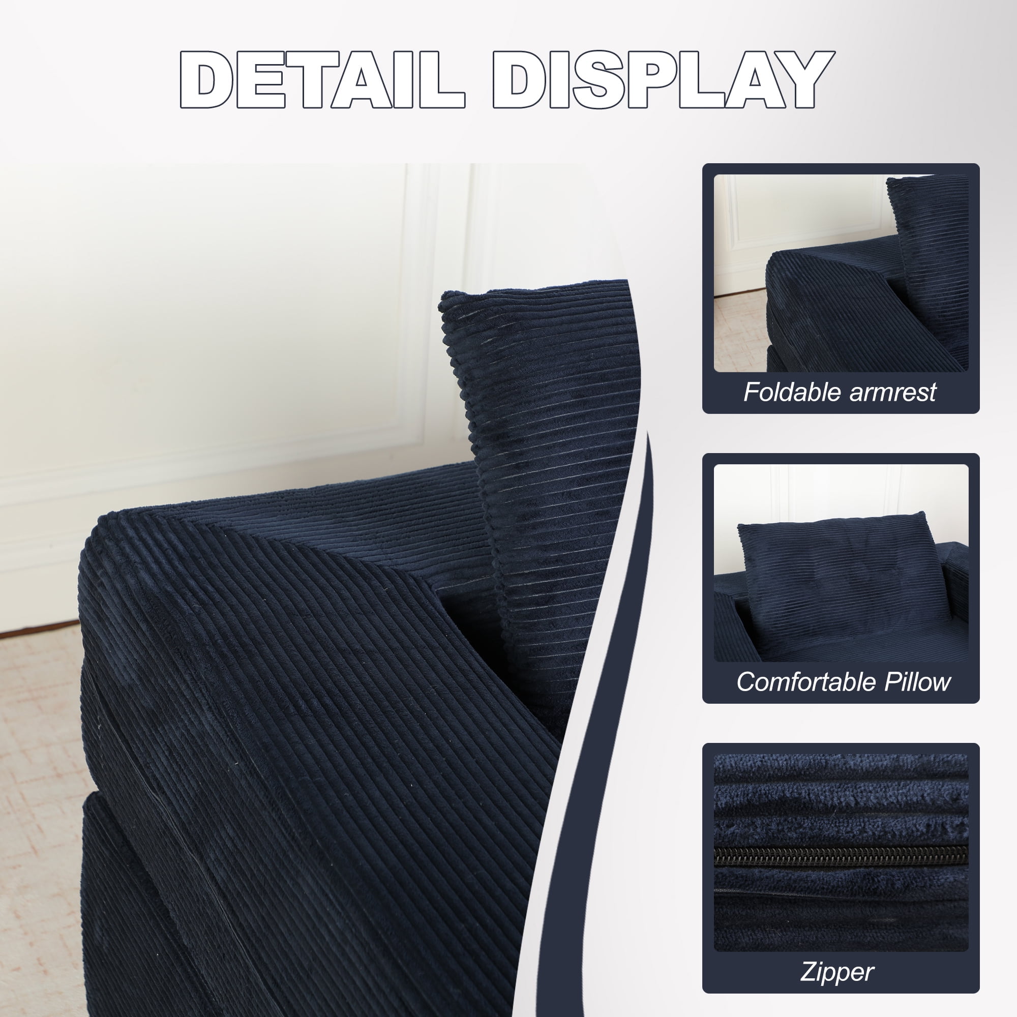 Leumius Single Sofa Bed with Pillow,Boneless Folding Sofa Bed for Living Room Bedroom,No Assembly Required,Dark Blue