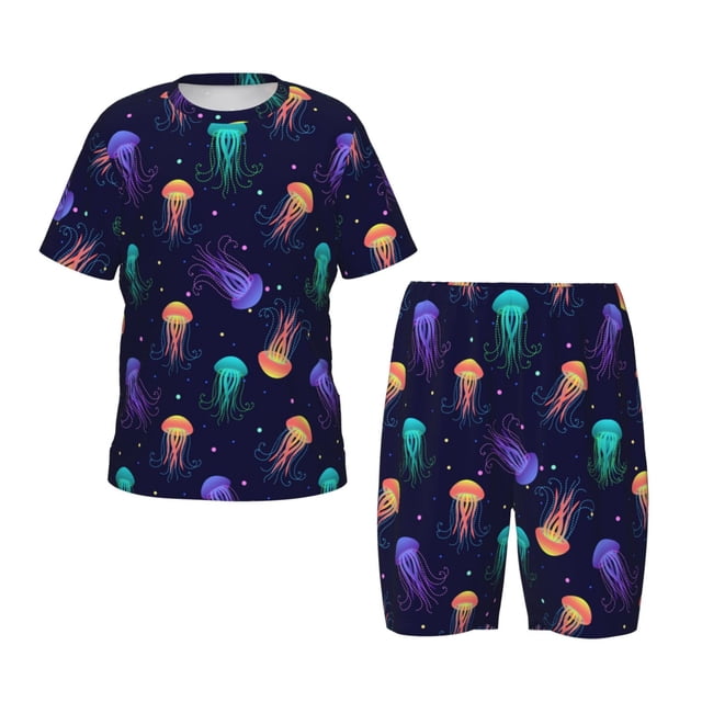 Fotbe Sea Jellyfish Pijama Estampada de 2 Piezas para Niños – Ropa de Dormir de Manga Corta Cómoda para Niños y Niñas, Camiseta y Shorts de Algodón-Small