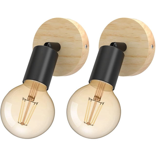 Paquete de 2 lámparas de pared con rotación de 180 °, lámpara de pared industrial vintage de madera E27, lámpara de pared moderna de metal y madera, decoración para sala de estar, cocina, pasillo,