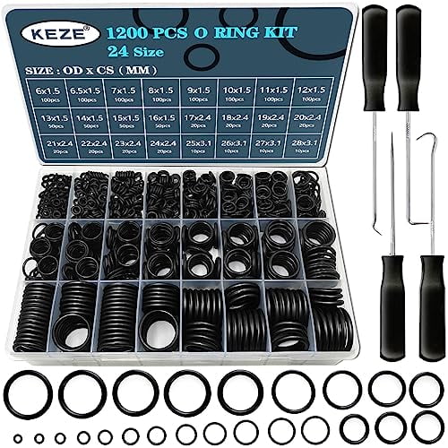 1200 Pcs 24 Size Universal Rubber O-Ring Assortment Kit with 4-Piece Precision Pick and Hook Set for Auto Vehicle Faucet Plumbing Pressure Washer Air or Gas Sealing Repair OD:6mm-28mm O Ring