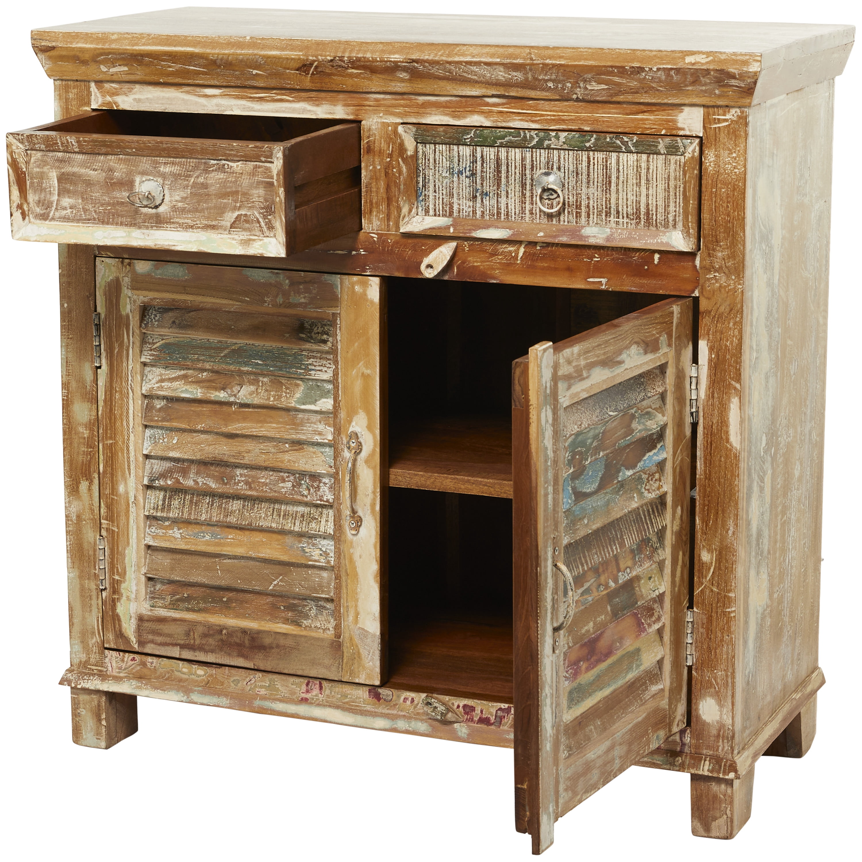DecMode Rustic Wood Vintage Cabinet 36"W x 36"H with Overall Distressed Brown Finish and Worn Off Details