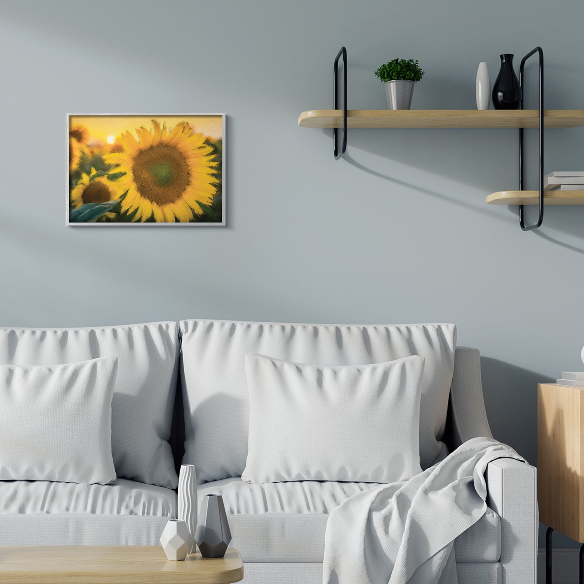 Stupell Industries Sunflower Field Sunrise Realistic Soft Edges Photography Gray Framed Art Print Wall Art, 16x20, by Kim Allen
