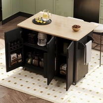 TesNus 51 Inch Fluted Kitchen Island Cart with Drop Leaf Internal Storage Rack and Wheels in Black Ash for Kitchen