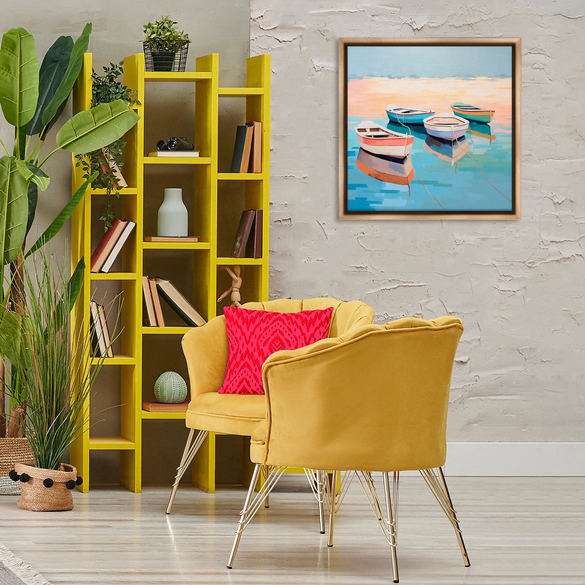 Stupell Industries Boat Reflection Shore Transportation Painting Brown Floater Framed Canvas Art Print Wall Art, 25 x 25