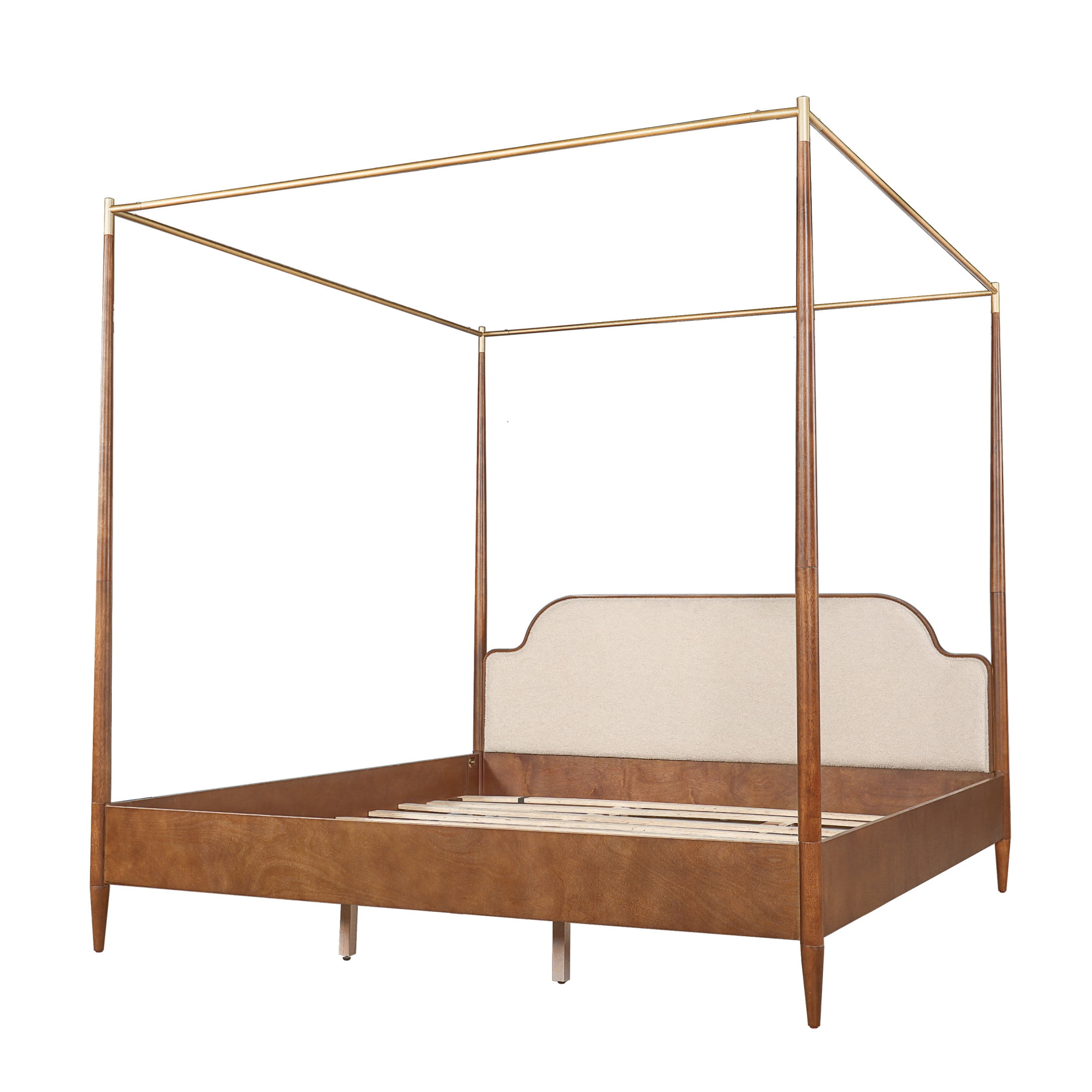Christopher Knight Home King Canopy Bed Frame with Fleece Upholstered, Wood Frame, Brown+Off White