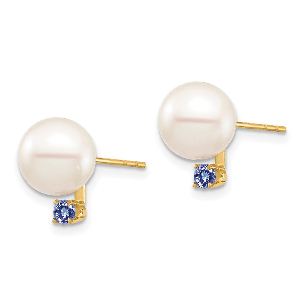Auriga Fine Jewelry 14K Yellow Gold White Round Freshwater Cultured Pearl Tanzanite Stud Earrings for Women (L- 0.44 inch, W- 0.34 inch)