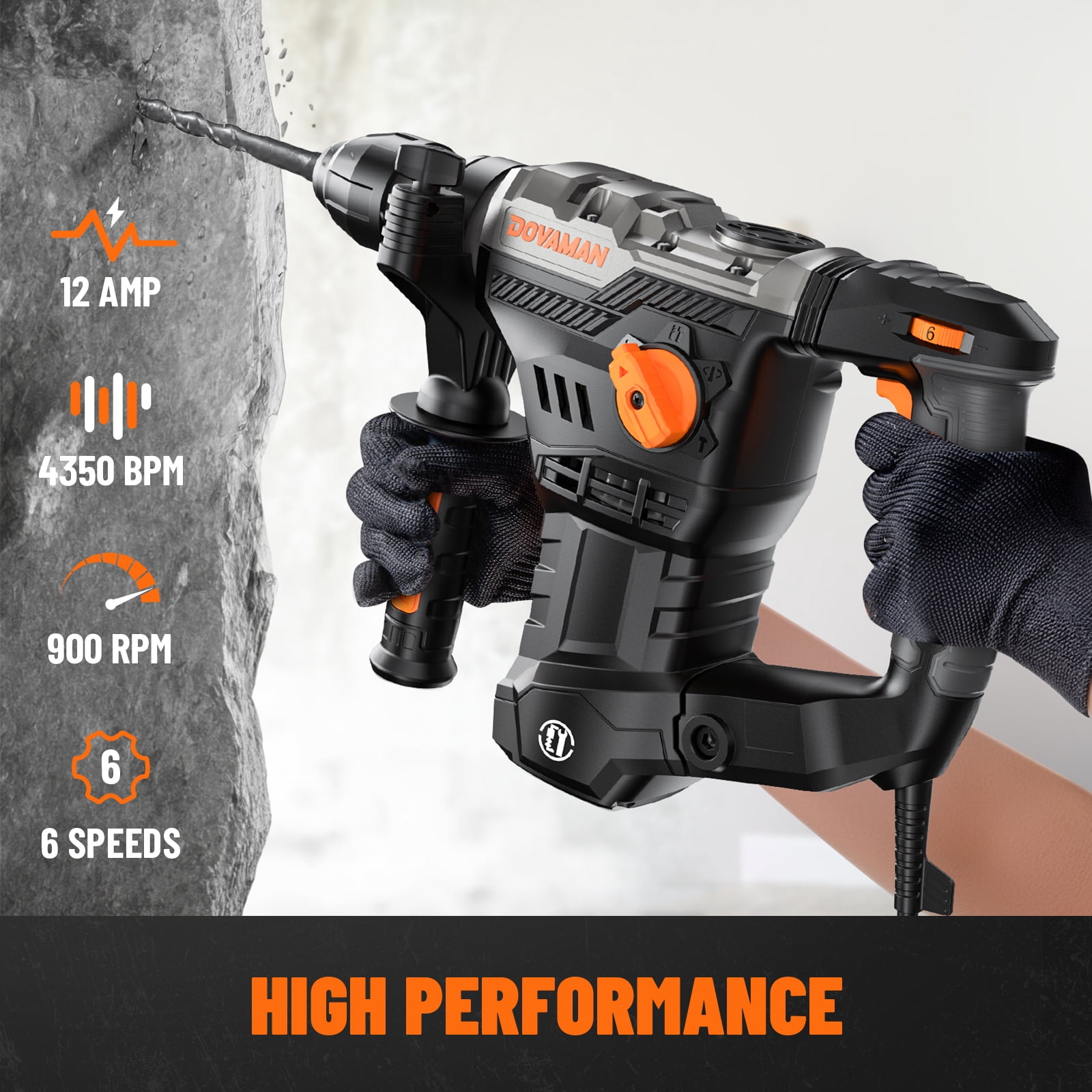 DOVAMAN 12.5 Amp 1-9/16" SDS-Plus Rotary Hammer Drill – 4 Modes, Safety Clutch, Vibration Control, Corded Demolition Hammer with Drill Bits & Chisels