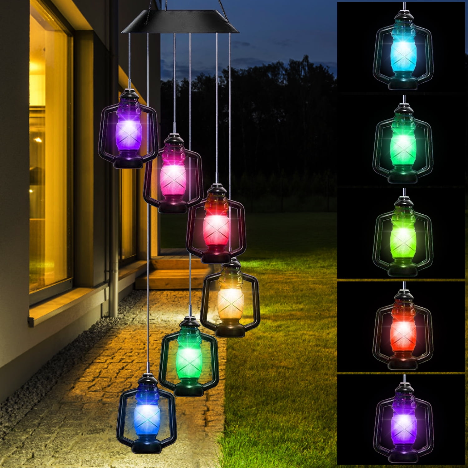 Rirool LED Solar Powered Lanterns Wind Chime - Color Changing, Waterproof, Six Chimes Spiral Spinner Windchime - Portable Outdoor/Indoor Patio Deck Yard Garden Home Deco