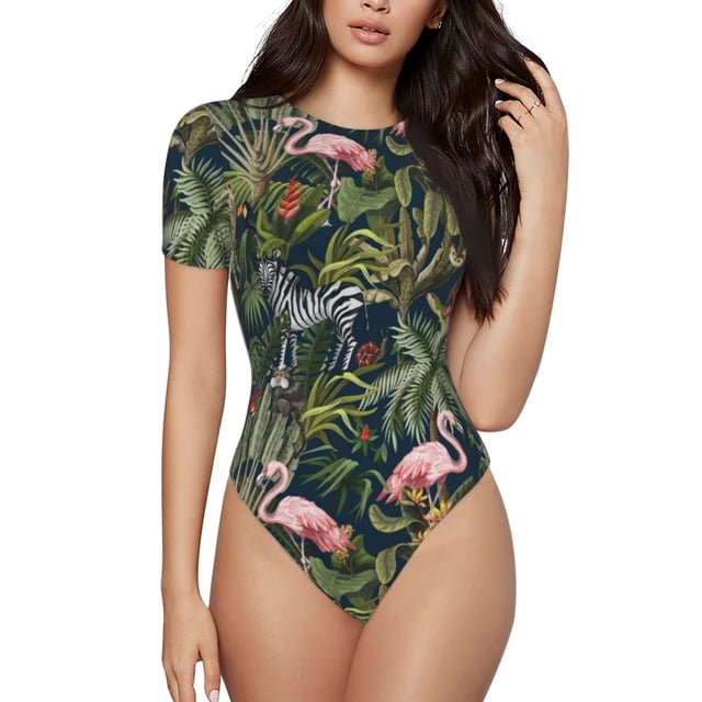 Fotbe Flamingos And Palm Leaves Body de Mujer con Cuello Redondo y Mangas Cortas, Sin Mangas Ajustado, Suave, Cómodo y Básico-X-Large