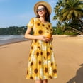 thumbnail image 4 of Picia Vintage Marble Pattern Sunflower Pattern Women's Short Sleeve Summer Dress Pleated Loose Swing Knee Length Short Sleeve Swing Dresses, 4 of 6
