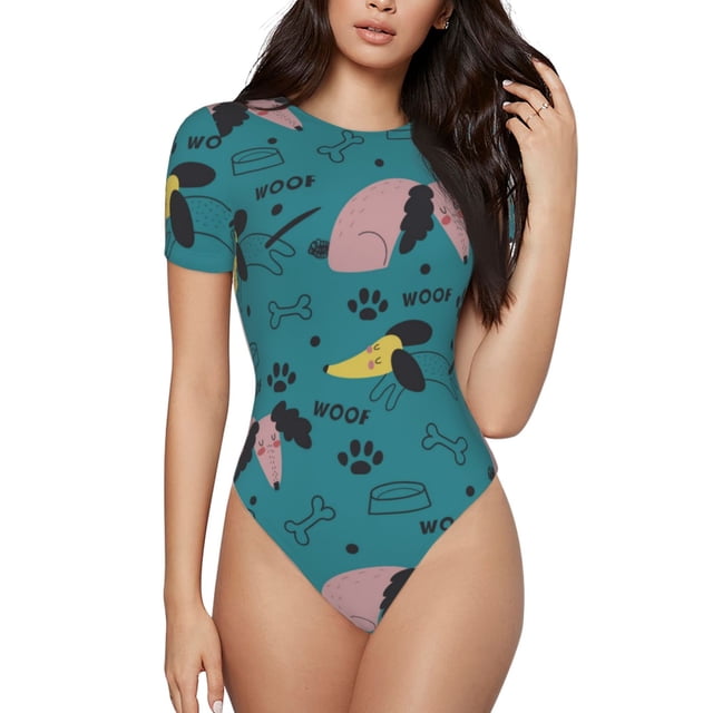 Saiise Justaucorps à Manches Courtes pour Femmes Motif Teckel Col Rond Pyjama Justaucorps Extensible avec Fermeture à Pression-Moyen