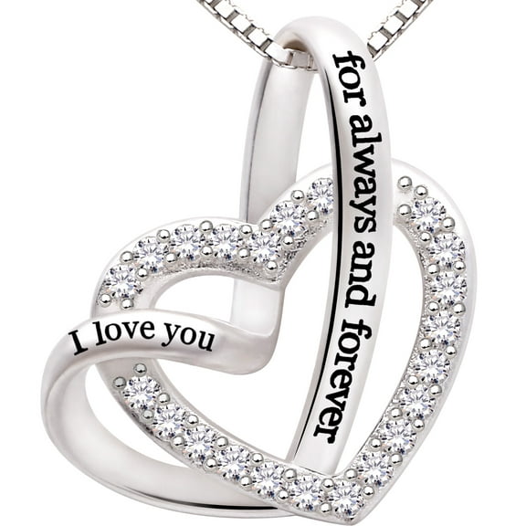 ALOV Jewelry Sterling Silver "I love you for always and forever" Love Heart Cubic Zirconia Necklace