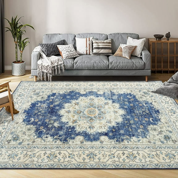 Yesfashion Carpets Area Rugs Washable Vintage Area Rugs,Boho Traditional Rug Floral Print Carpet,Low Pile Non-Slip Rubber Backing Foldable Mat