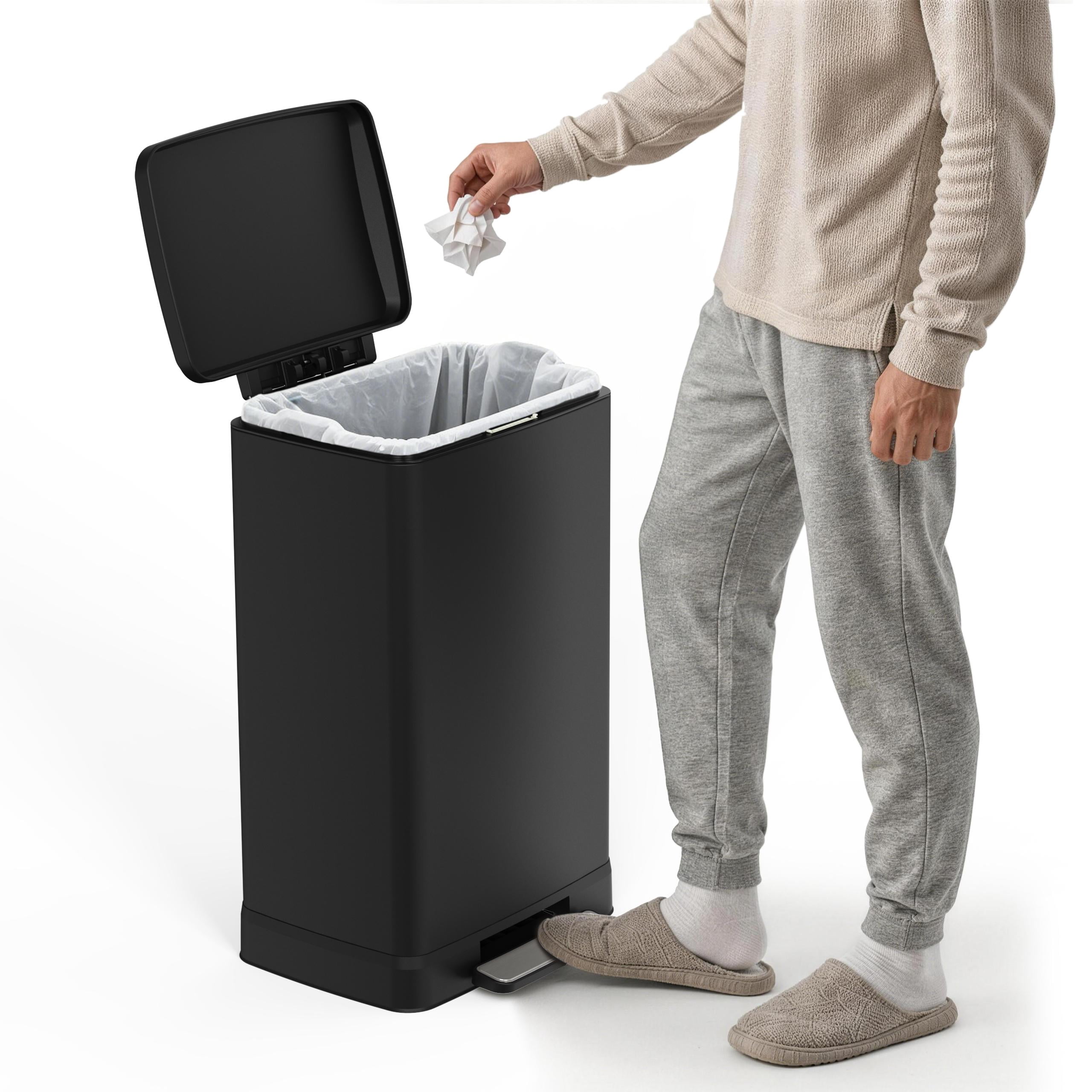 Stainless Steel Step Trash Can 14.5 Gallon Black Hands-Free with Removable Inner Bucket for Kitchen Bathroom
