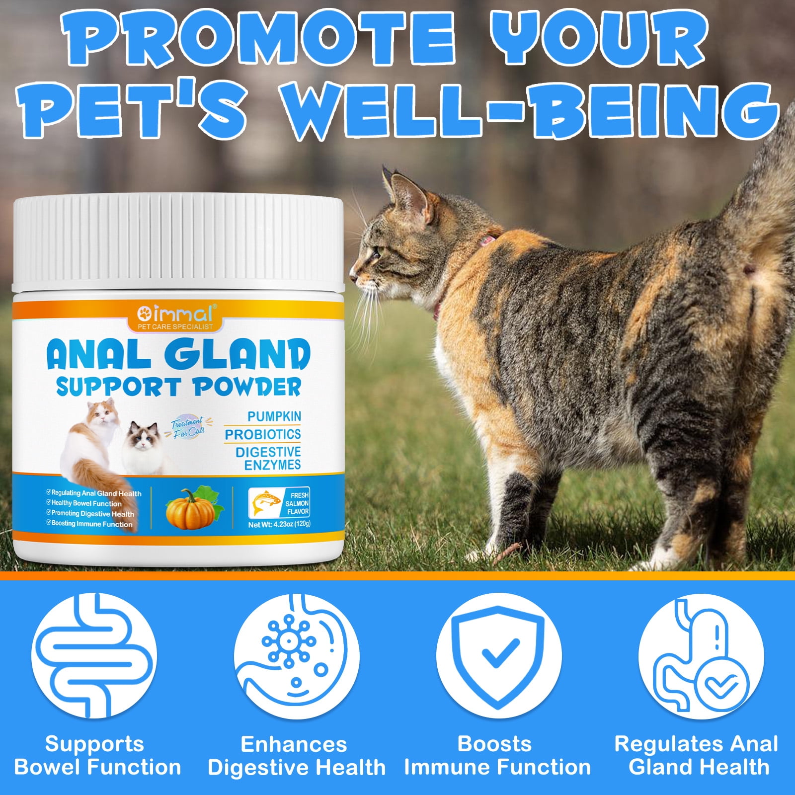 Oimmal Cat Anal Glands Powder with Pumpkin, Probiotics & Digestive Enzymes, for Healthy Anal Gland & Bowel Function - Boot The Scoot (Salmon Flavor, 120gX2pack)