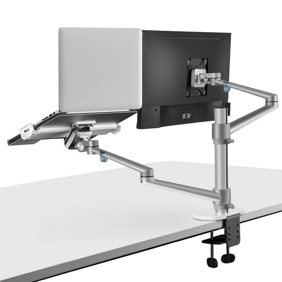 Viozon Support pour Moniteur et Ordinateur Portable, Supports de Bureau 2-en-1 Réglables à Double Bras Support/bras Simple pour Écrans d'Ordinateur LCD de 17 à 32 Pouces, Plateau Supplémentaire pour Ordinateurs Portables de 12 à 17 Pouces (Argent)
