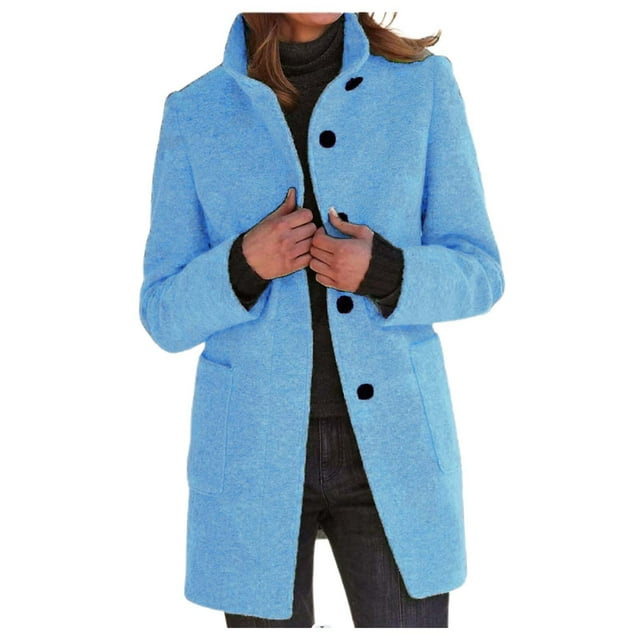 Women's Autumn Winter Solid Color Button Up Stand Collar Wool Coat for Stylish Ladies
