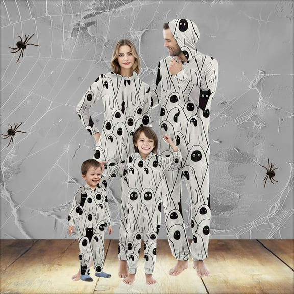WXLWZYWL Family Halloween Pajamas Matching Sets Halloween Costumes 2024 Family Halloween Pumpkin Spider Ghost Printed Pajamas Funny Zipper Hooded Jumpsuit Pjs Matching Onesie
