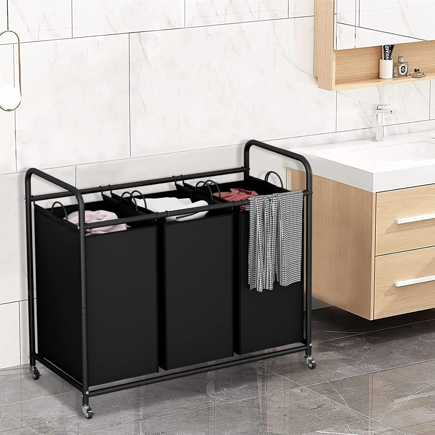 SUOERNUO 3-Bag Laundry Sorter Cart with Wheels – Heavy Duty Rolling Hamper with Removable Bags for Laundry Room Organization (Black)