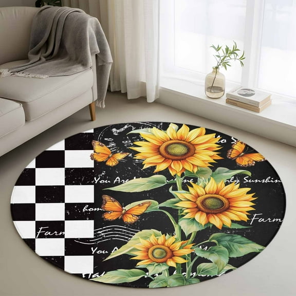 Sunflower Round Rug 3ft Washable Circle Entryway Rugs Non Slip Summer Botanical Bee Black Plaid Area Rug Indoor Floor Carpet for Bedroom Kitchen Living Room Home Office Dining Room Nursery