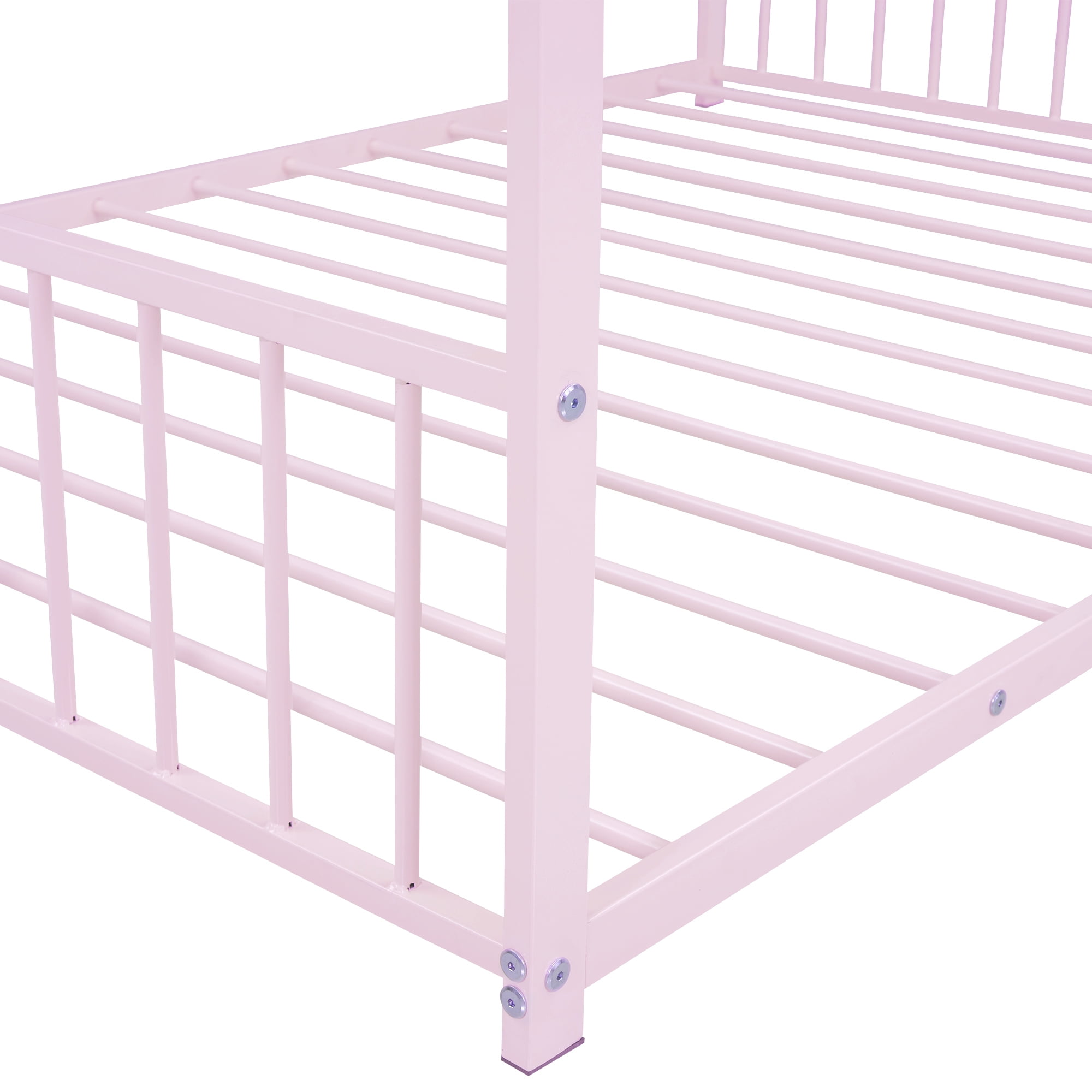 Jopath Full Size Bed Metal Floor Bed,Full House Bed Frame Floor Bed Frame,With Roof With Headboard And Footboard With Slats Support For Kids Toddler Pink