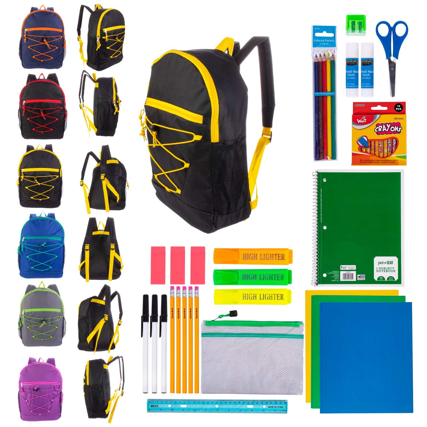 Moda West 17" Assorted Bulk Backpacks with 39 Piece School Supply