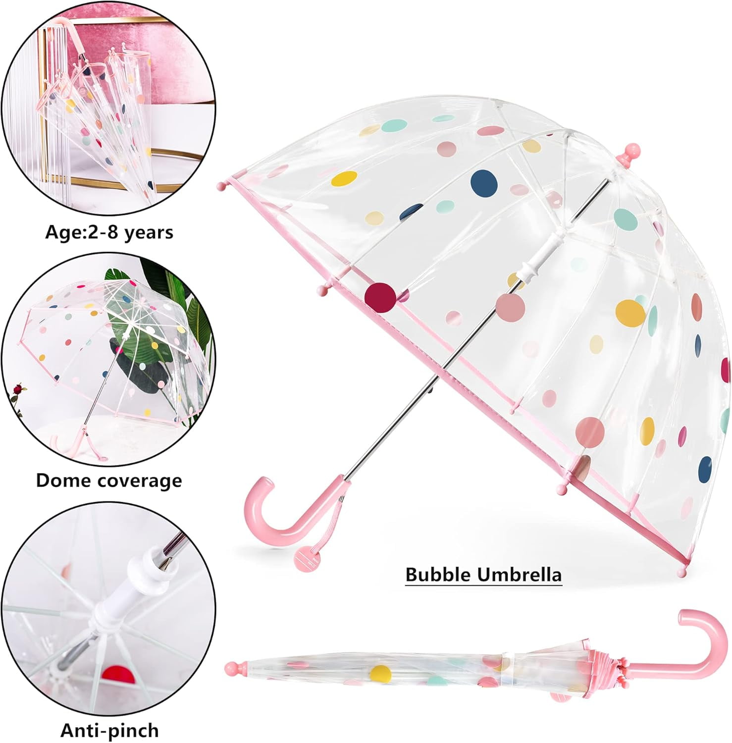 MGH Kids Clear Bubble Umbrella 2 Pack - Dome Windproof Rain Umbrellas for Boys and Girls