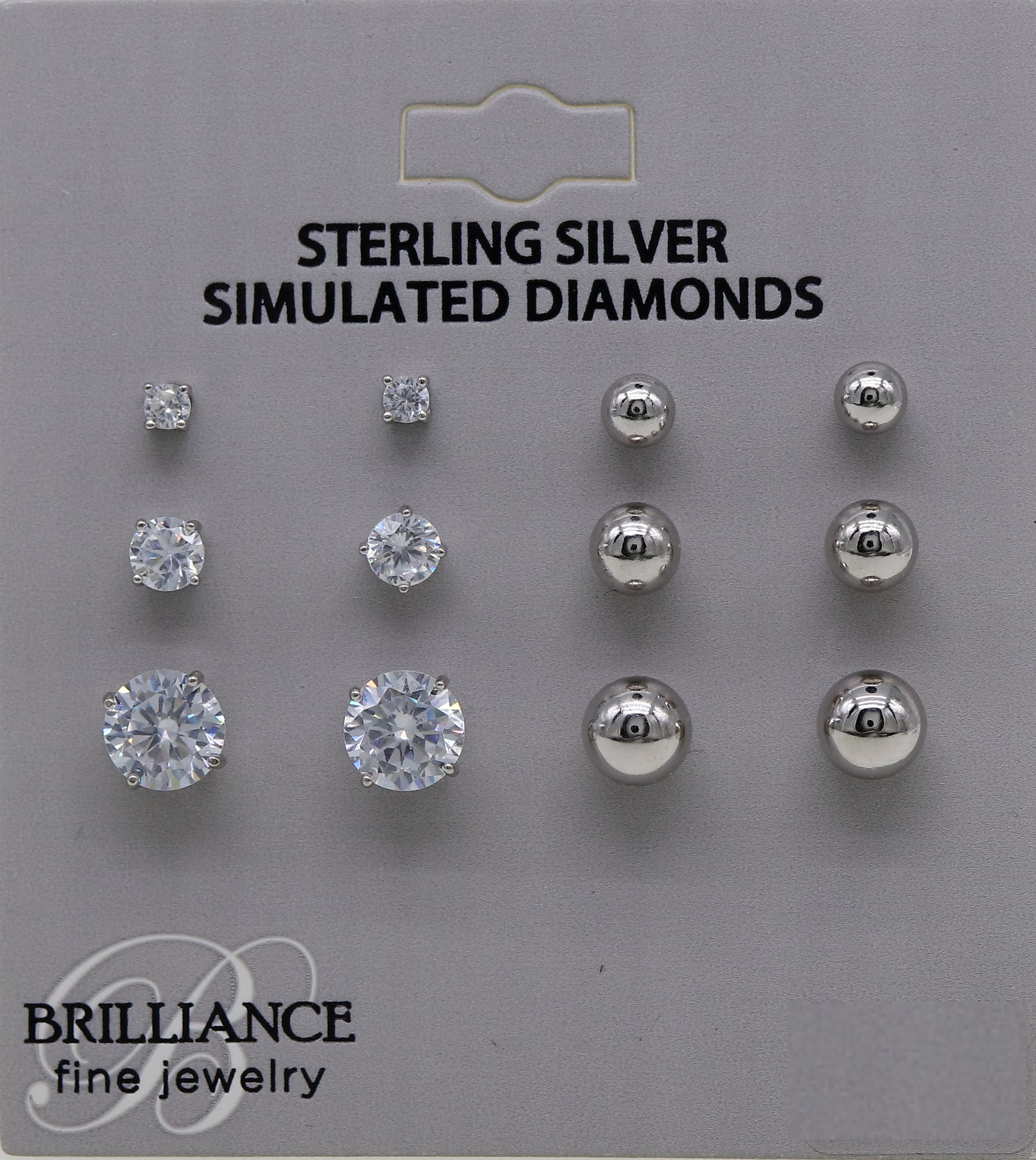 Brilliance Fine Jewelry Women's Simulated Diamond and Ball Stud 6 Pair Earrings in Sterling Silver