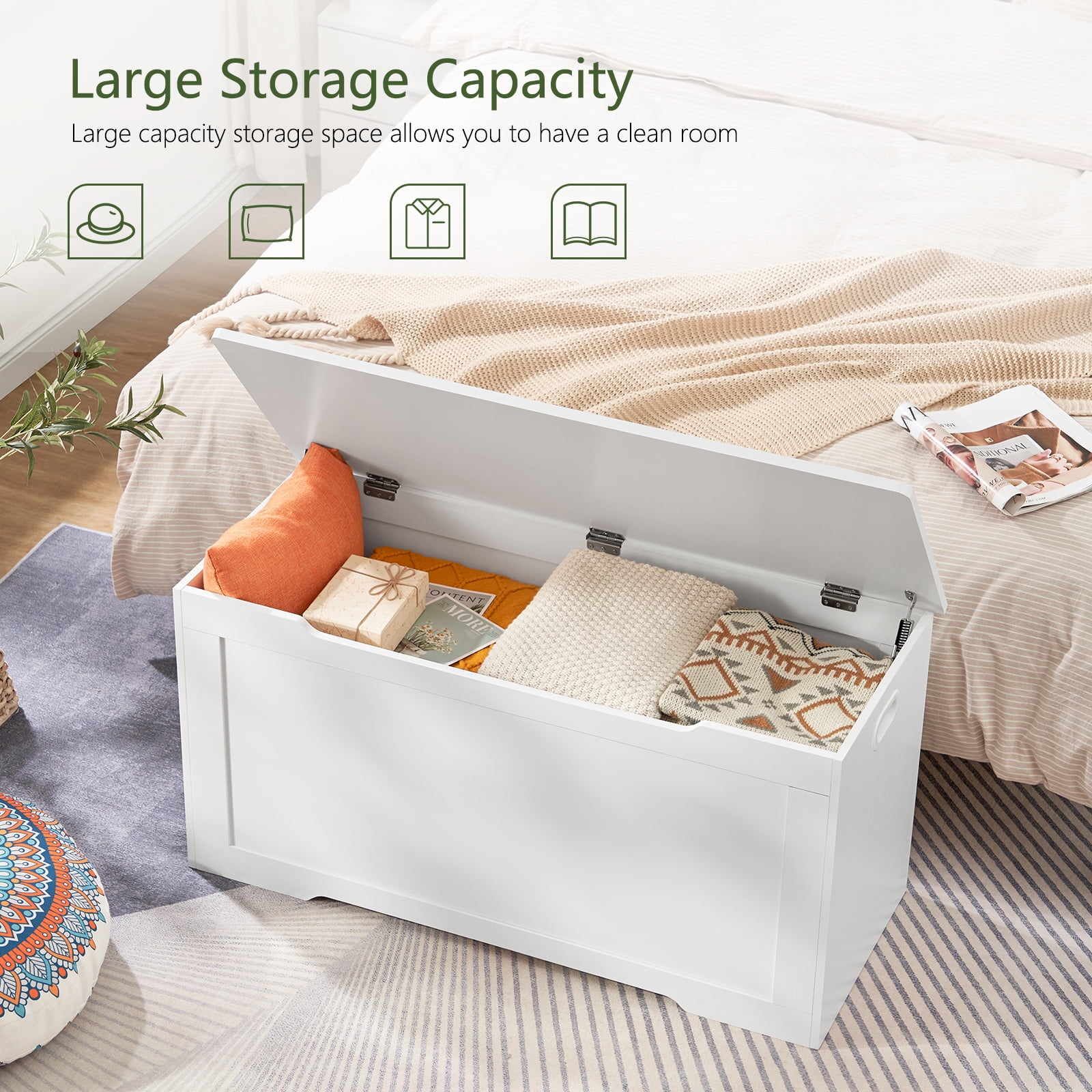 39.4” Storage Chest, Toy Chest, Toy Box with 2 Safety Hinges, Lift Top Wooden Storage Chest, Storage Bench, Supports 220 lb, for Living Room, Bedroom, Entryway, White