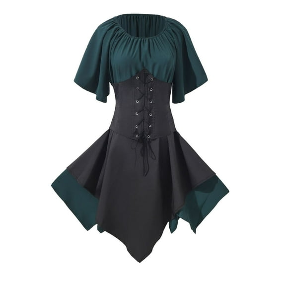 TIHLMK Sexy Dresses for Women Women Gothic Retro Long Sleeve Corset Dresses Short Sleeve Round-Neck Mid-Calf Dress Gift for Women