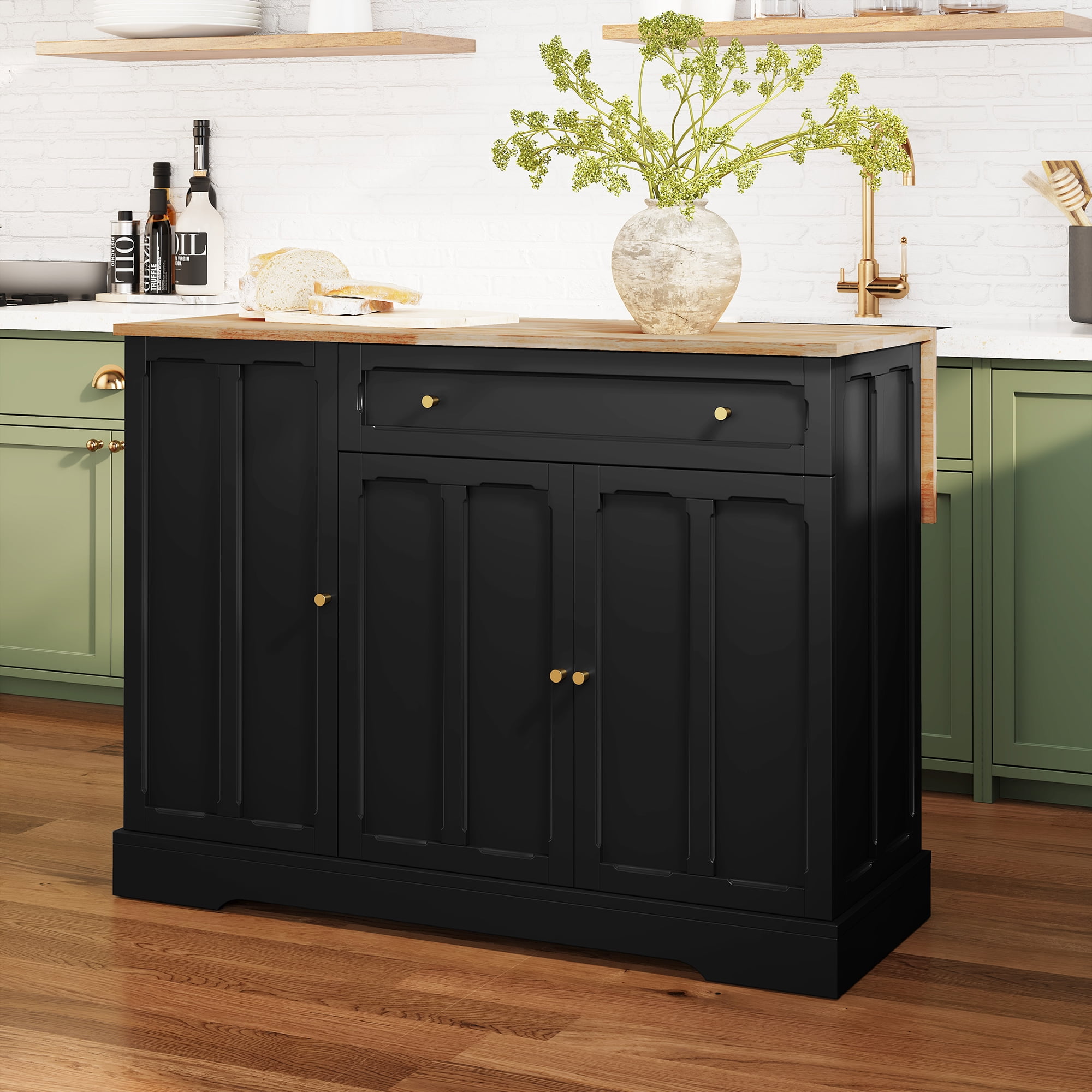 CBJCBJ 47.2" Modern Rolling Kitchen Island with Drop Leaf, Kitchen Cart with Storage, Black