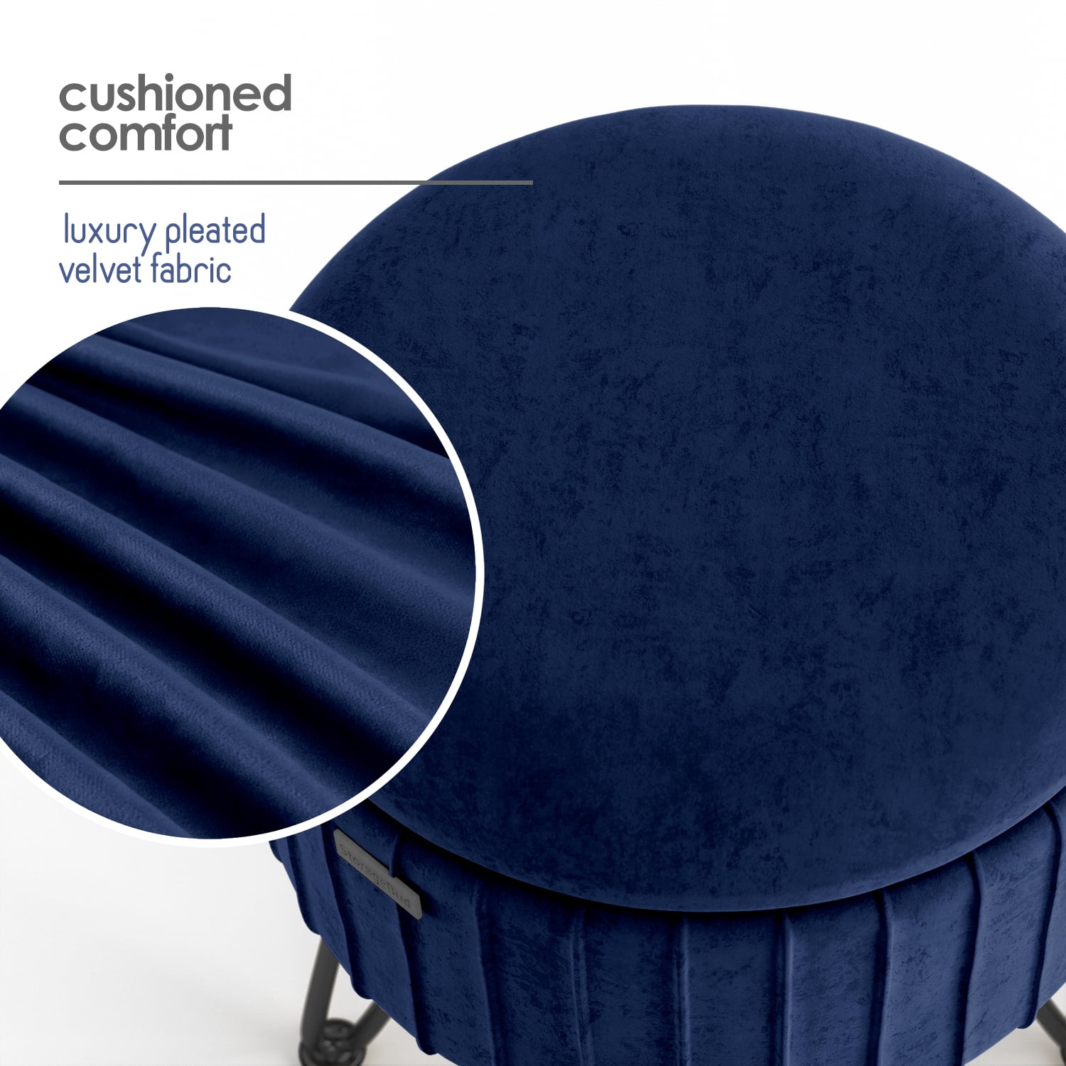 Hearth & Harbor Round Ottoman with Storage, Luxurious Foot Stool and Chic Vanity Stool with Storage, Elegant Pleated Velvet Blue
