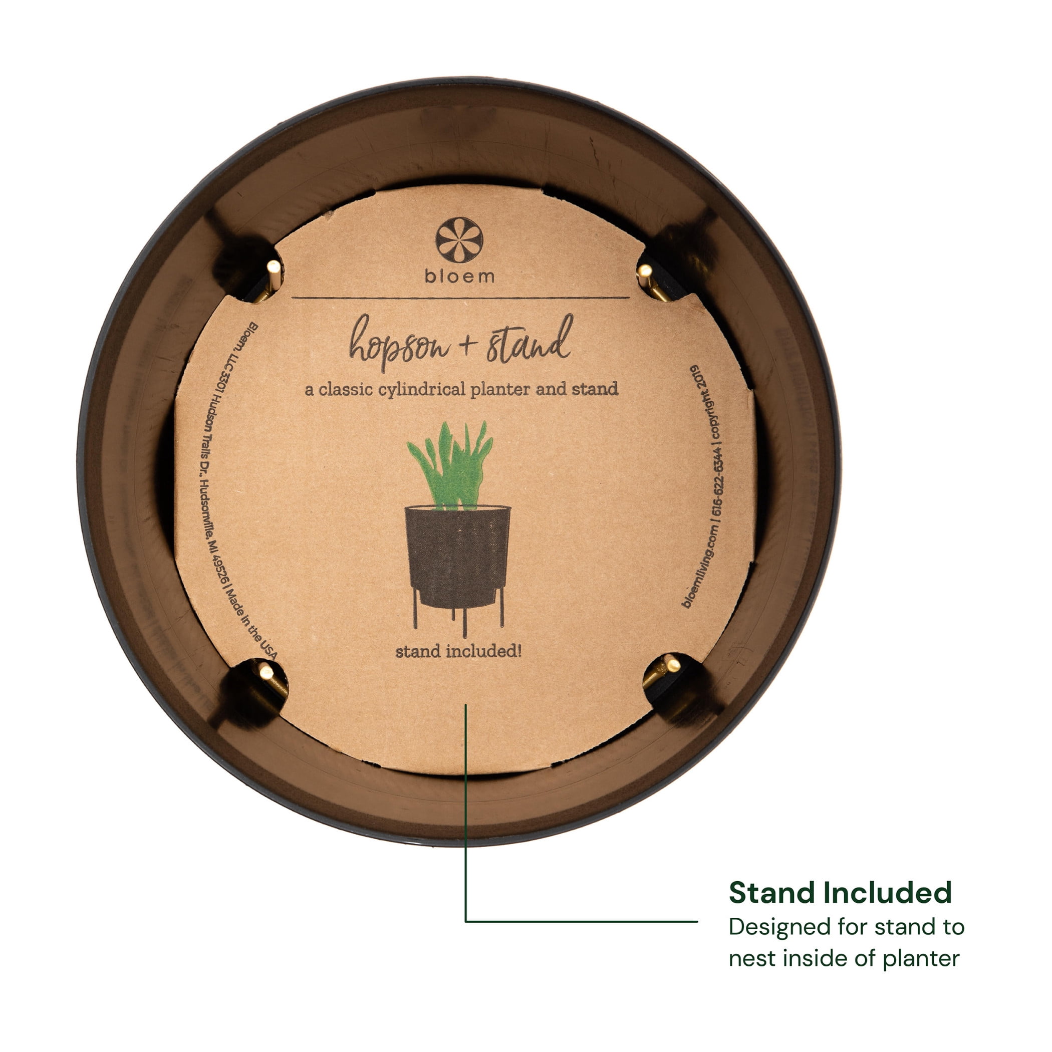 Bloem Hopson 14" Plastic Cachepot with Metal Stand - Decorative Indoor Planter with Gold Metal Stand, Black