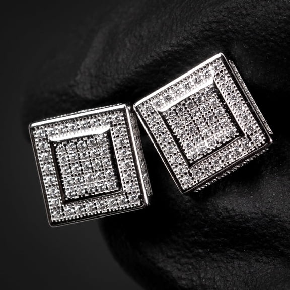 Men’s Micro Pave 3D Iced 5A Cz Halo Square White Gold 925 Sterling Silver Screw Back Post Hip Hop Stud Earrings