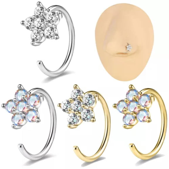 QQTDFG 16G 18G Copper Flowers Nose Rings C-Shaped CZ Crystal Nostril Piercing Jewelry-Silver-White Zircon 0.8mm(20G)