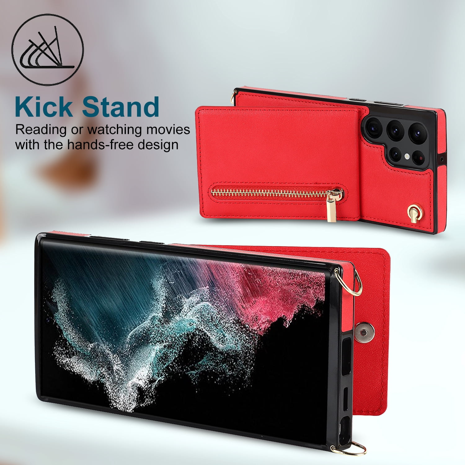 Dteck Flip Leather Wallet Case for Samsung Galaxy S24 Ultra, Crossbody Wallet Case with Credit Card Holder Zipper Pocket Lanyard Shoulder Strap, Kickstand Phone Cover for Samsung S24 Ultra,Red