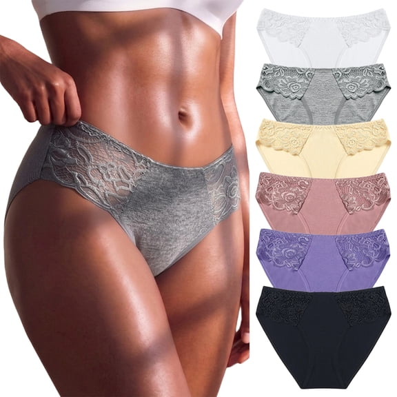 Womens Hipster Underwear Lace Side Panties Middle Rise Briefs Soft & Breathable Ladies Full Coverage Undies 6 Pack Gray XL